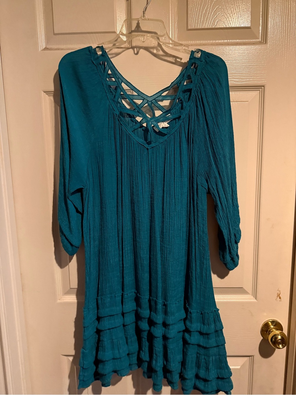 Umgee Teal Crinkle Tunic with Lattice V-Neck